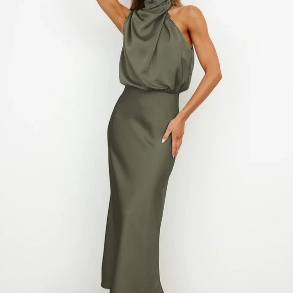 Elegant Olive Green Halter Maxi Dress - Picture 1 of 6